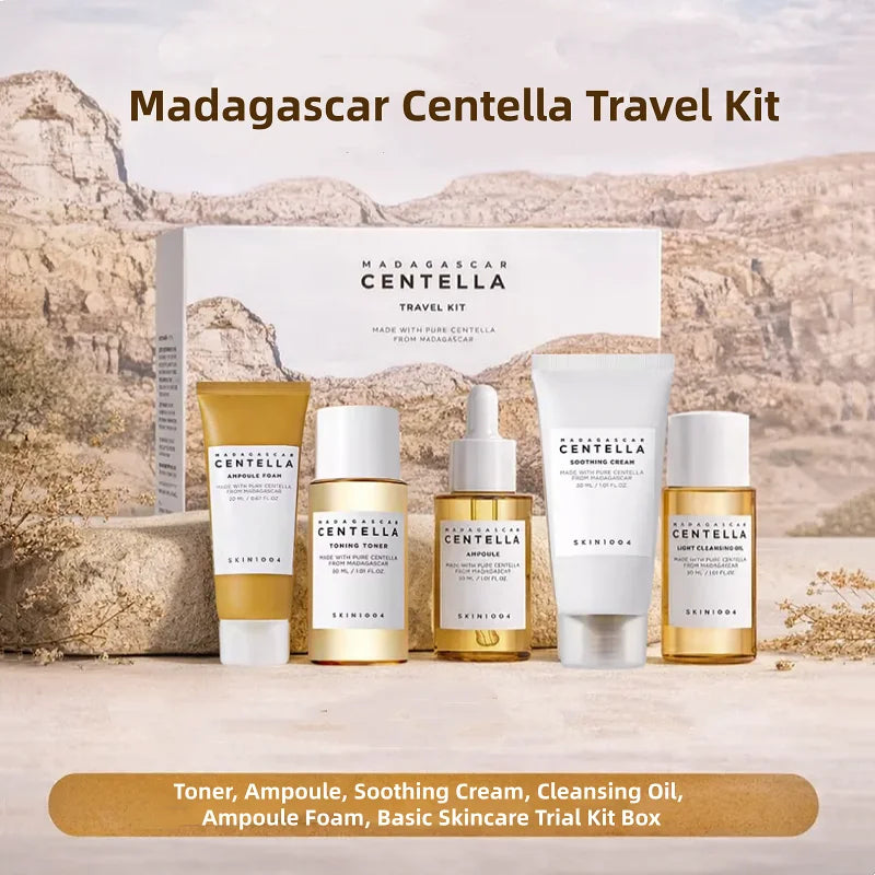 Korean Centella Travel Kit, Toner,Ampoule,Soothing Cream,Cleansing Oil,Ampoule Foam,Basic Daily Skincare Mini 5pcs Gift Sets