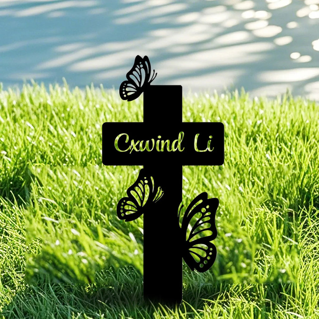 Custom Butterfly Cross Memorial Stake Personalized, Memorial Cross Stake, Metal Cross with Butterflies for Garden, Metal Grave