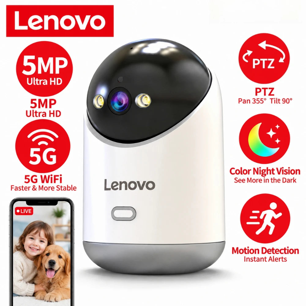 Lenovo 5MP Indoor Smart Security Camera 2.4G 5G WiFi Wireless PTZ IP Cam Two‑Way Talk Night Vision Motion Alert Pet Baby Monitor