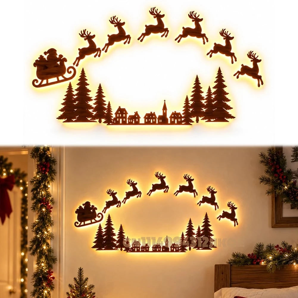 Lighted Santa Sleigh Reindeer Christmas Wall Decor Remote Set,Warm white glow, wooden cutout design, flexible layout