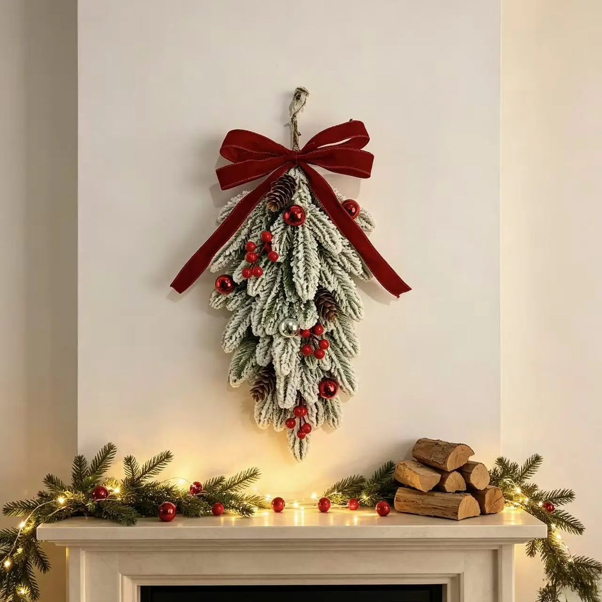 50cm LED Artificial Garland Stair Wreath Red Bow Knot Prelit Christmas Wreath Garland Pine/Bow for Front Door Wall Window Stair