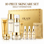 OKADY 10-Piece Peptide Skincare Set for Women, Hydrating & Moisturizing Face Care Kit with Cleanser, Toner, Serum x3, Lotion, Eye Cream, Face Creams and Eye Mask, Daily Skin Care Routine in a Gold Gift Box, Birthday, Christma