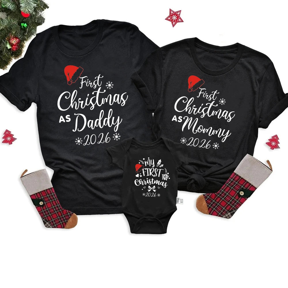 First Christmas As Daddy Mommy Brother Sister 2026 Family Matching Outfits Santa Hat Print Family Look Xmas T‑Shirt Baby Romper