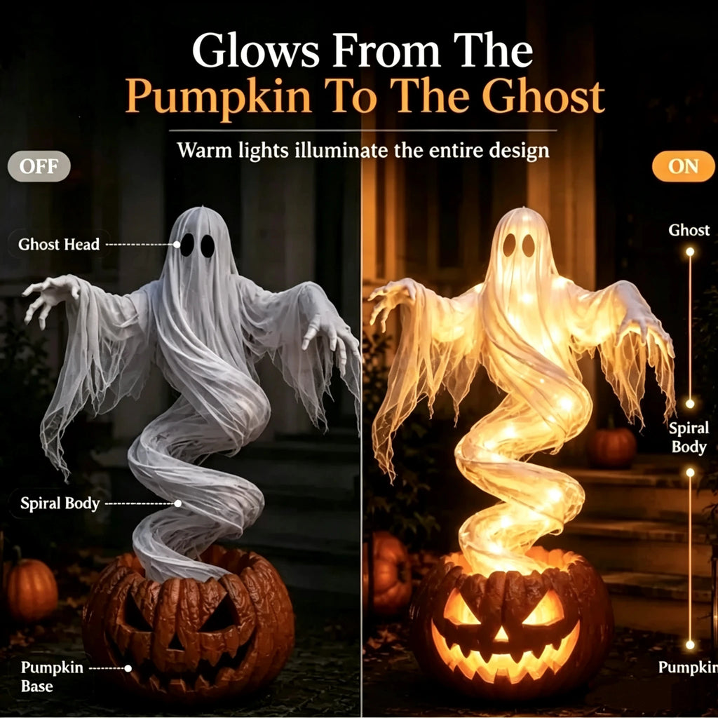 Swirling Ghost Pumpkin Yard Lamp, Lighted Spooky Ghost Ghost Pumpkin Decor