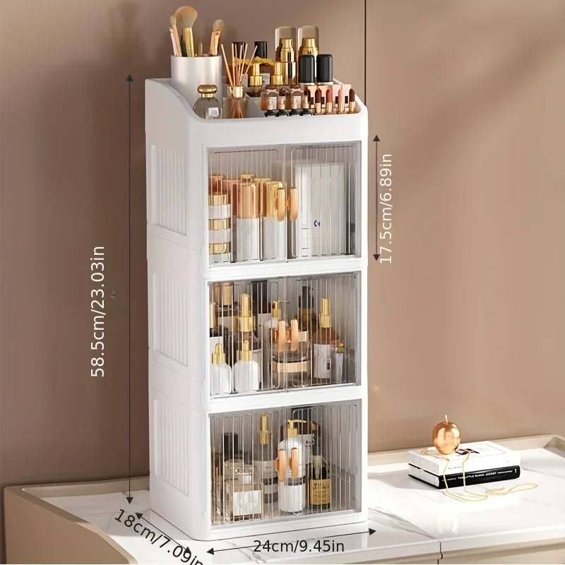 3 to 4-Tier Foldable Makeup Organizer with Drawer Function— Storage