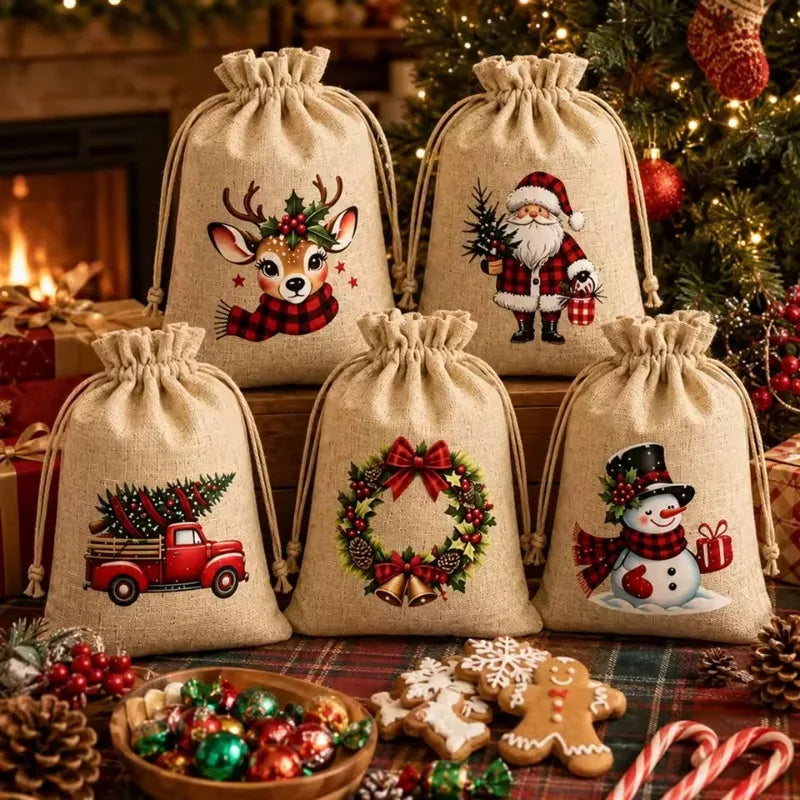 5/12 Pack Christmas Burlap Gift Bags Reusable Drawstring 5 Designs