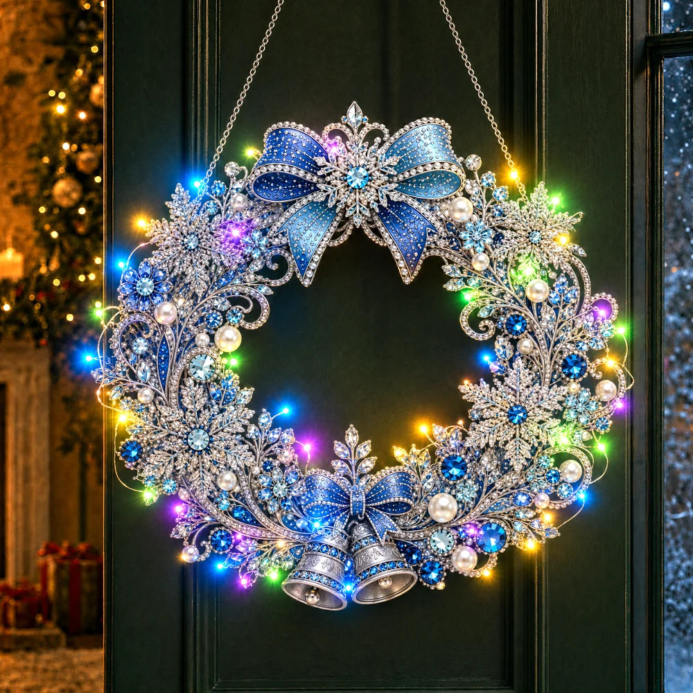DIY Diamond Art Christmas Wreath 25cm With LED String Light Double‑Sided Printed One Side Diamond Sticking Xmas Hanging Wreath