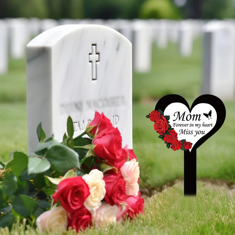 2024 Cemetery Memorial Heart Shape Stake Garden Yard Signs Grave Marker For Mom Dad Deceased Relative Grave Decorations 1PC