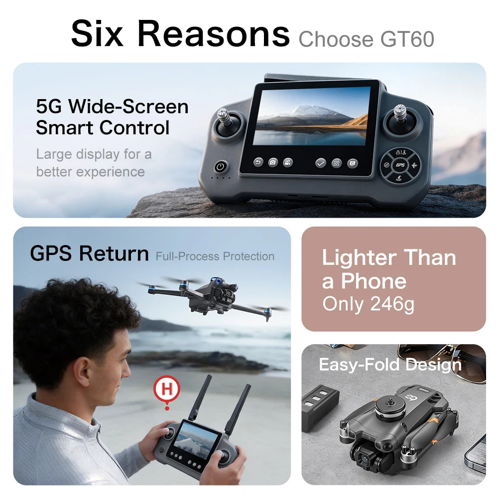original GT60 Drone 4.3-inch Large Screen Foldable drone 8K HD Dual Camera Gps Brushless Optical Avoidance Airdrop RC Quadcopter