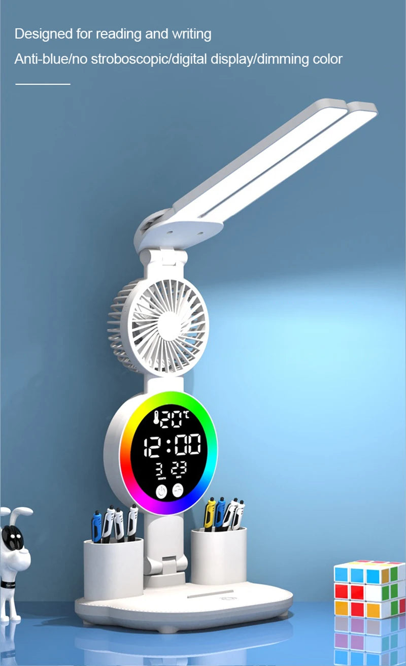 Rechargeable Led Table Lamp for Study Desk Lamp Reading Light Led Night Light with Fan Led Clock Dispaly Reading Desk Light
