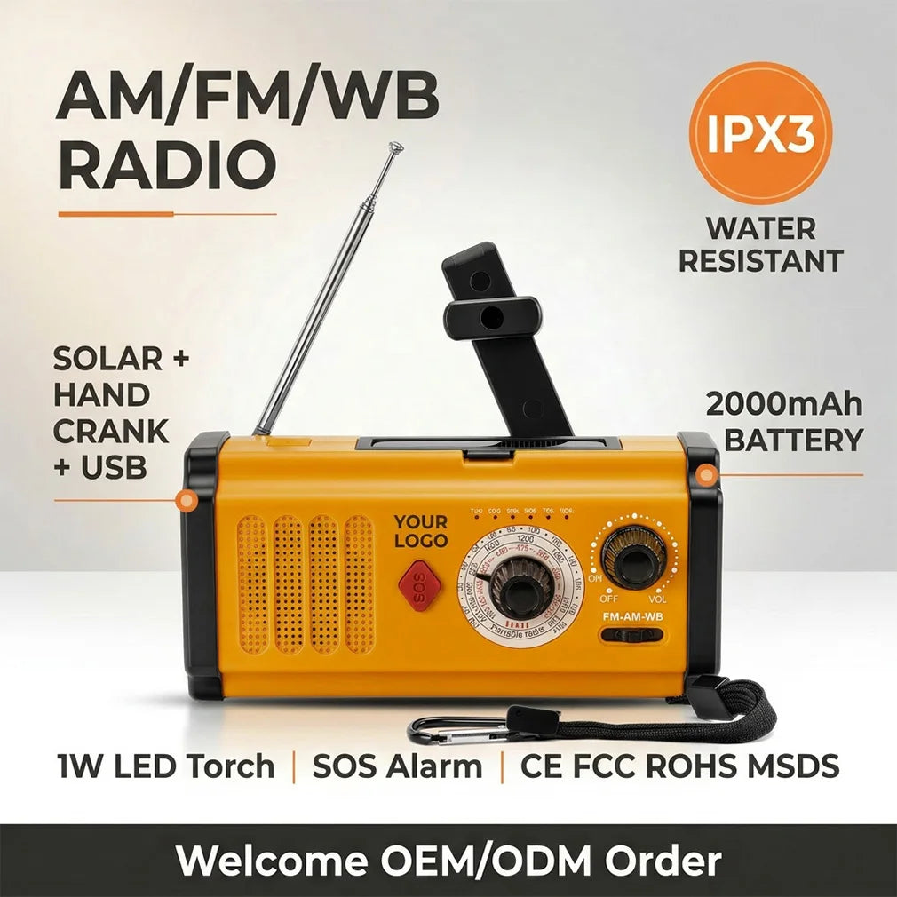 Solar Hand Crank FM AM WB Radio Portable Emergency Flashlight Rechargeable