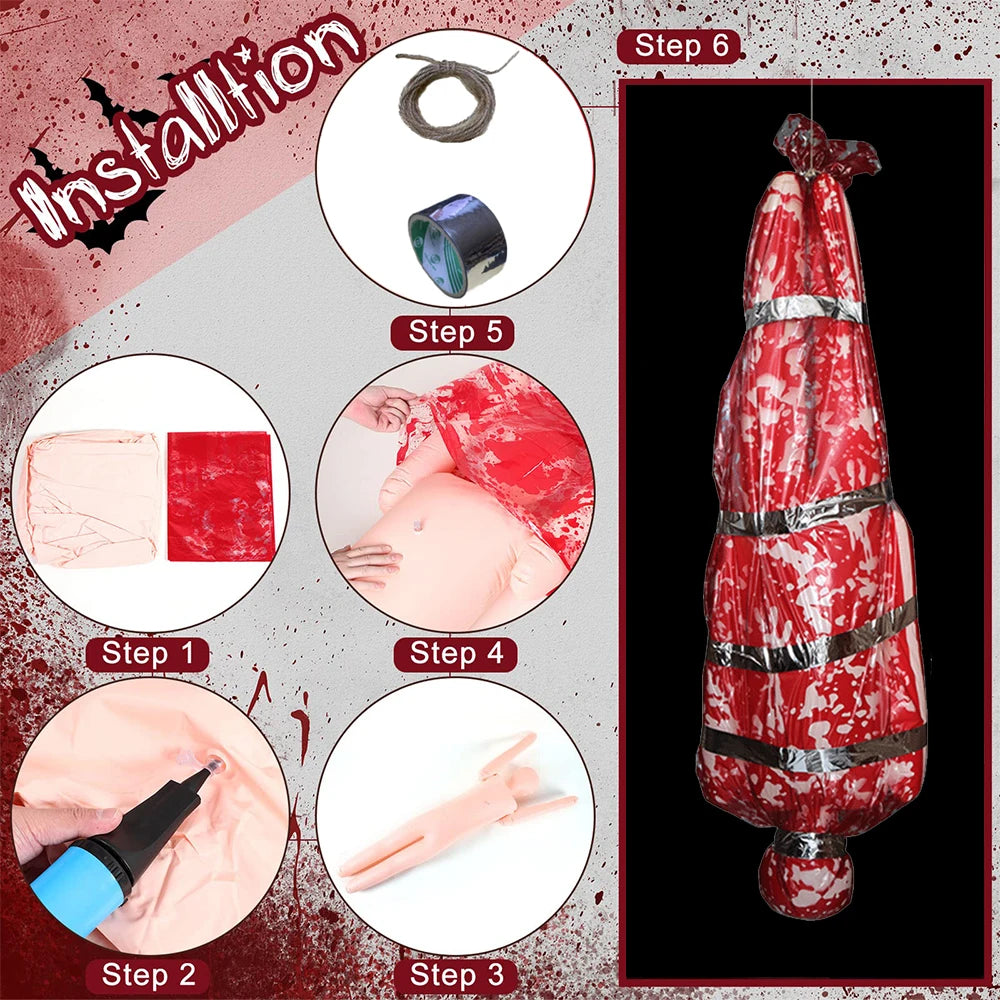 Horror Halloween Outdoor Decoration 59inch Creepy Corpse Props Set Scary Fake Bloody Body Bag Haunted House Hanging Decorations