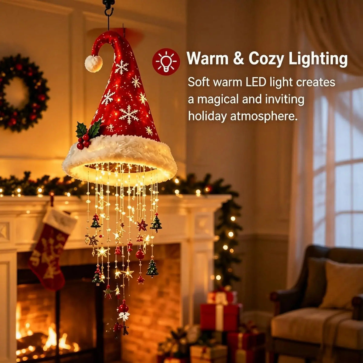 Christmas Santa Hat Chandelier DIY Lighted Hanging Chandelier Xmas Ornaments Glow in the Dark New Year Festive Party Decoration