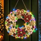 DIY Diamond Art Christmas Wreath 25cm With LED String Light Double‑Sided Printed One Side Diamond Sticking Xmas Hanging Wreath