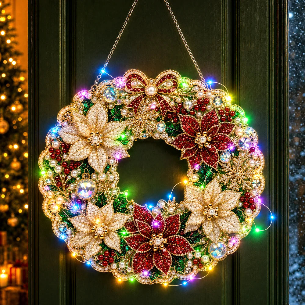 DIY Diamond Art Christmas Wreath 25cm With LED String Light Double‑Sided Printed One Side Diamond Sticking Xmas Hanging Wreath