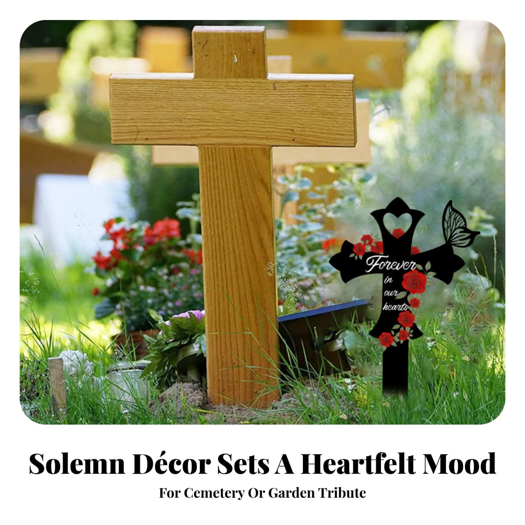 Cross Memorial Stake Outdoor Use Rose Memorial Stake Metal Grave Marker Easy Ground Insert Sympathy Gift for Courtyard