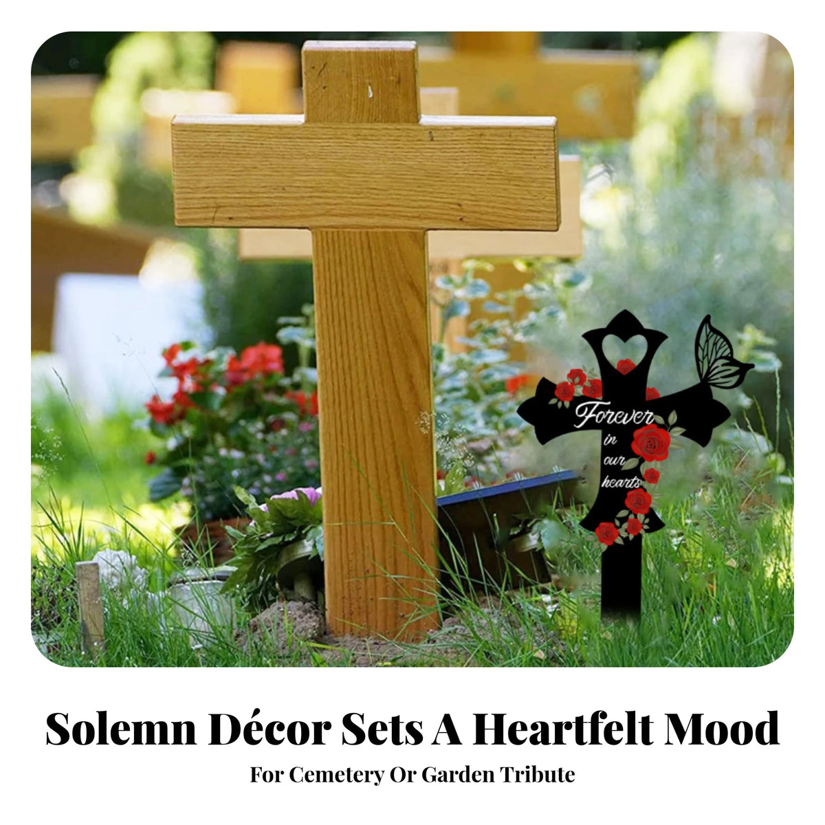 Cross Memorial Stake Outdoor Use Rose Memorial Stake Metal Grave Marker Easy Ground Insert Sympathy Gift for Courtyard