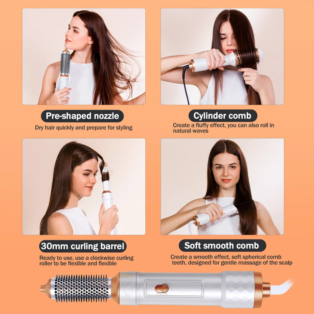 6 in 1 Hair Dryer Brush Detachable Blow Dryer Comb Ionic Hot Air Brush Hair Styling Tool Electric Thermal Brush Air Curler Wand