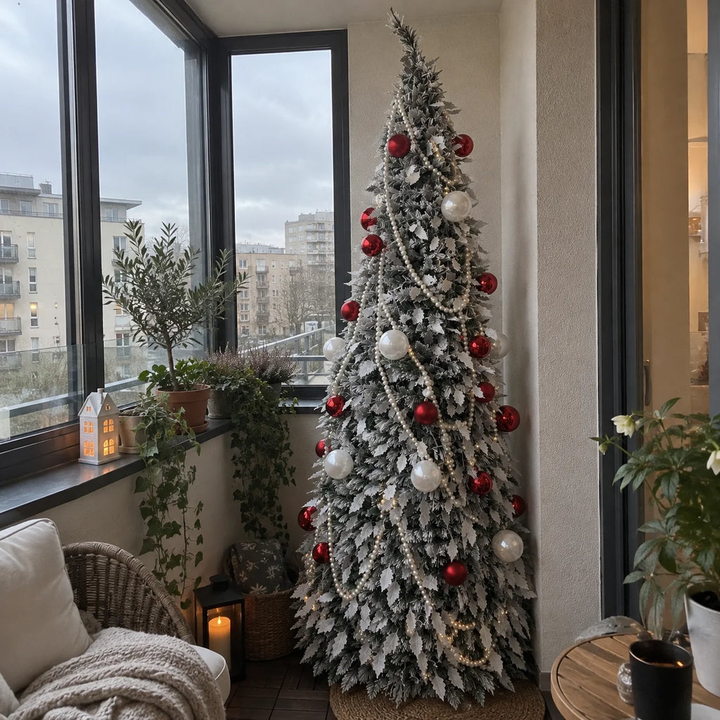 Flocked PVC Christmas Tree 1.5/1.8/2.1M Pre‑Attached Baubles, Foldable Xmas Tree with USB String Lights for Home Holiday Decor