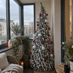 Flocked PVC Christmas Tree 1.5/1.8/2.1M Pre‑Attached Baubles, Foldable Xmas Tree with USB String Lights for Home Holiday Decor
