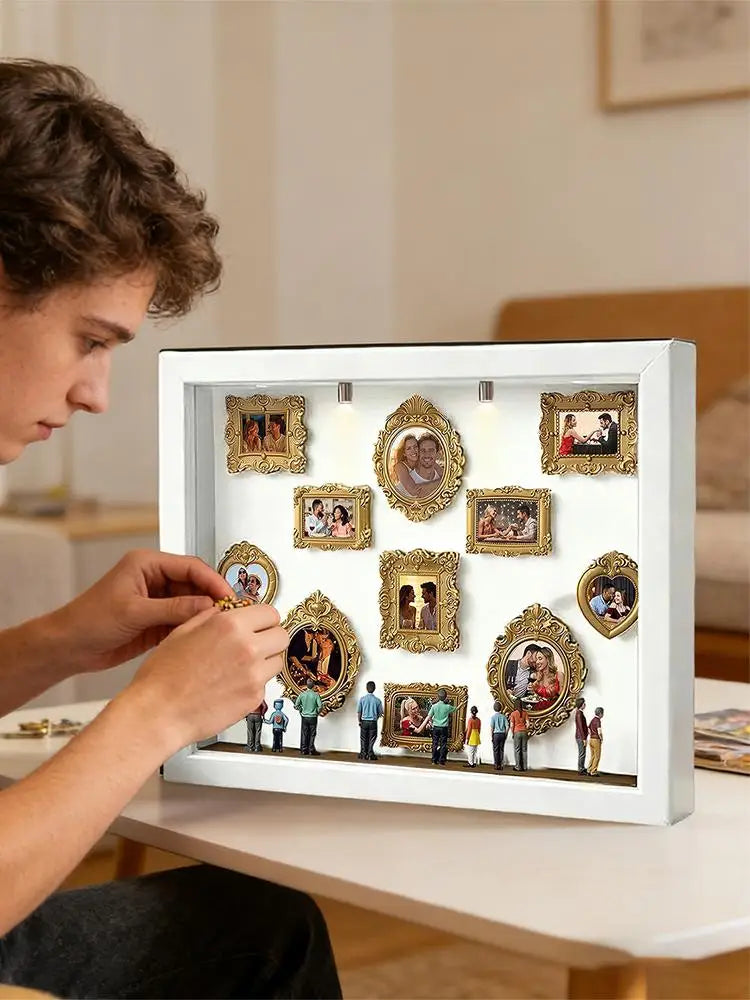 Memory Photo Display Case with  11 Pieces Miniature Photo Frame with 8 Figurines .