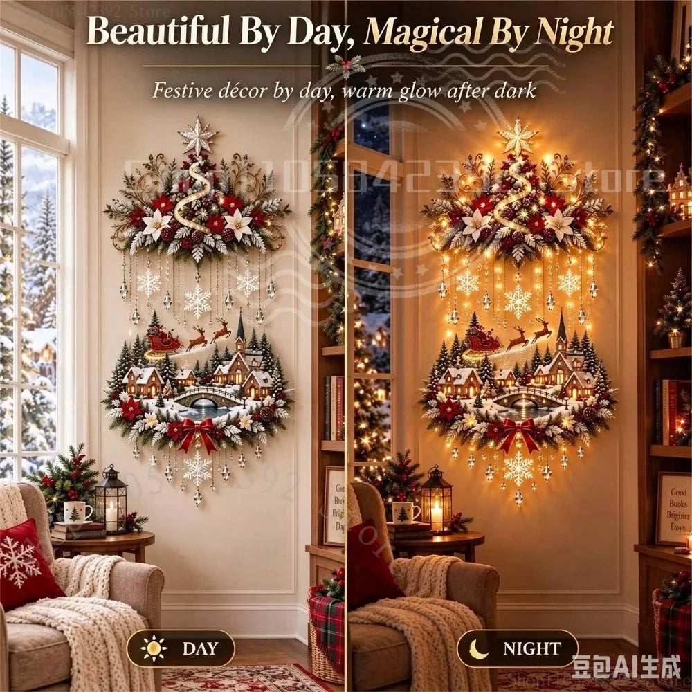 2026 Illuminated Christmas Tree & Village Wall Hanging Cascading Warm Lights,Tree and Village Scene | Warm Cascading Lights