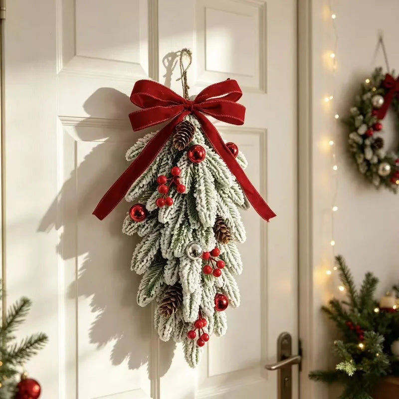 50cm LED Artificial Garland Stair Wreath Red Bow Knot Prelit Christmas Wreath Garland Pine/Bow for Front Door Wall Window Stair
