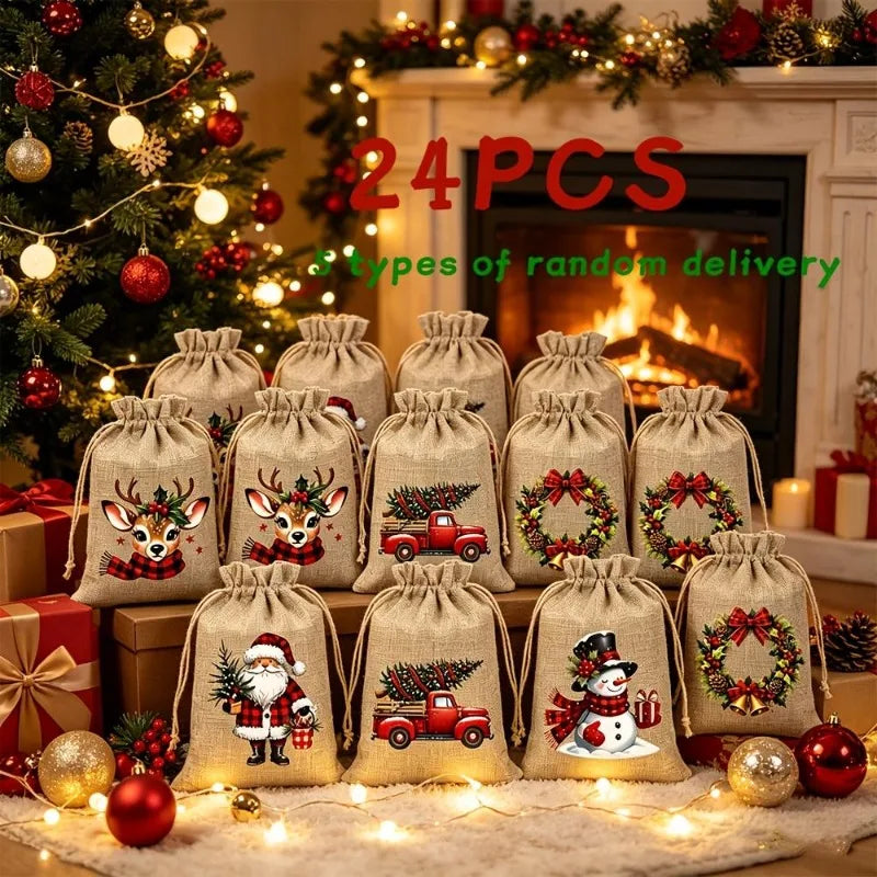 5/12 Pack Christmas Burlap Gift Bags Reusable Drawstring 5 Designs
