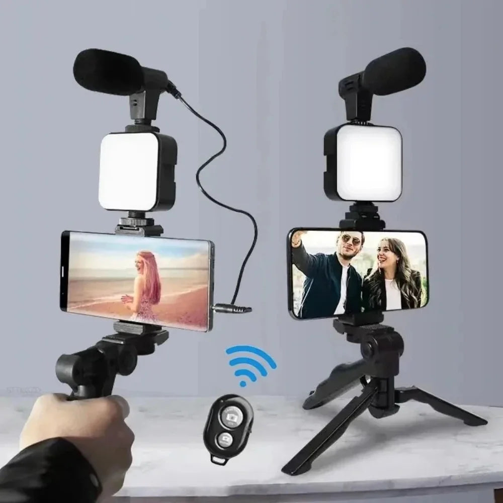 Smartphone Vlogging Kit With Tripod Phone Holder Mini Microphone LED light