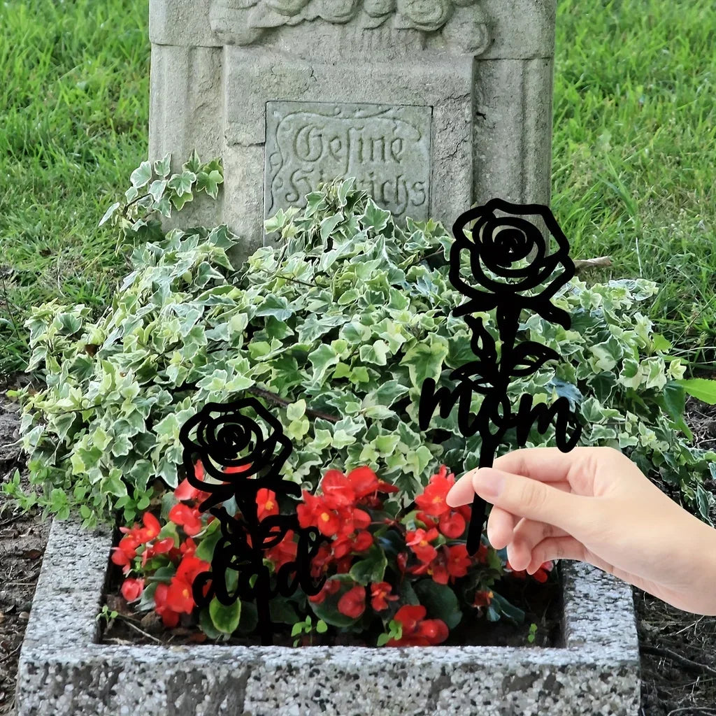 Rose Shaped Memorial Garden Stake, Grave Marker, Sympathy Yard Decor, Tinplate Iron, 8x8 Inch