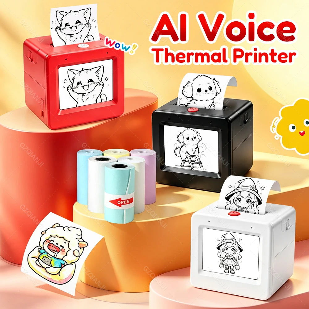 AI Voice Smart Thermal Printer! 58mm Mini Portable Bluetooth Photo Sticker Picture Print Device Fun Print with White Color Paper
