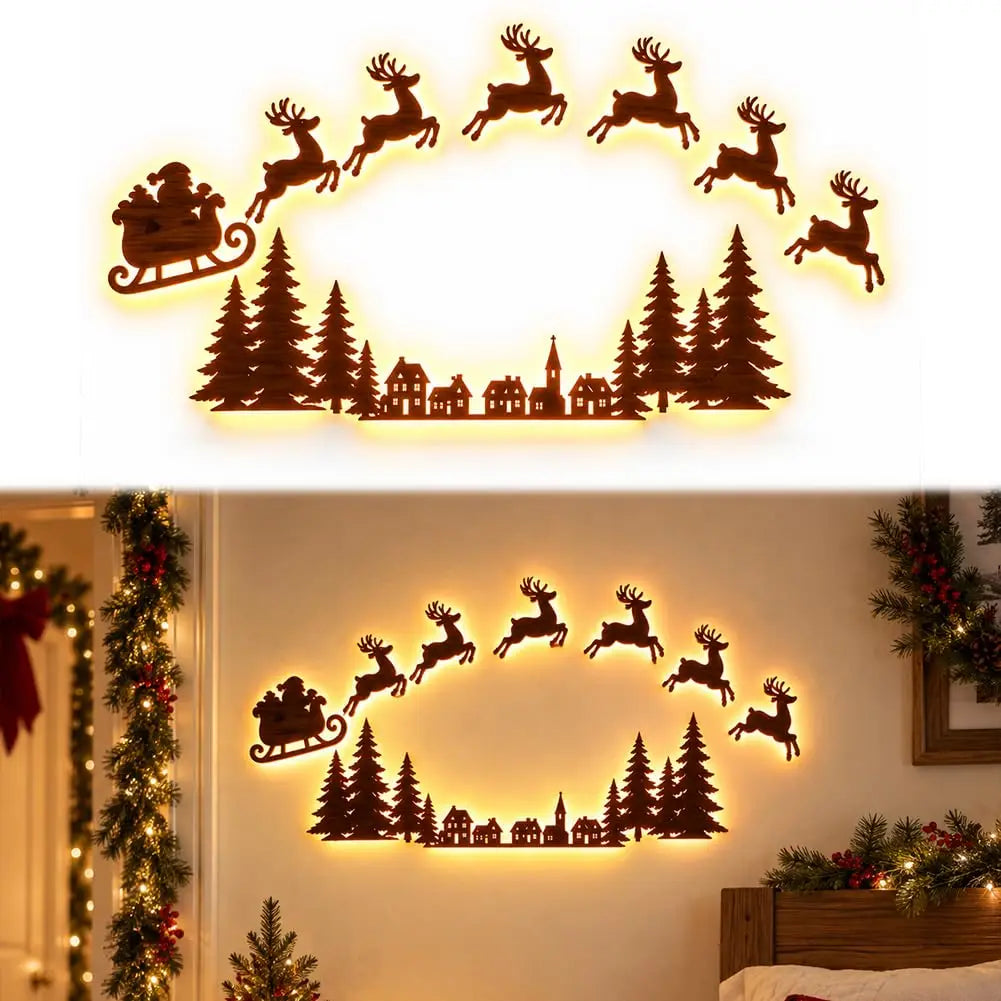 Lighted Santa Sleigh Reindeer Christmas Wall Decor Remote Set,Warm white glow, wooden cutout design, flexible layout