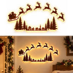 Lighted Santa Sleigh Reindeer Christmas Wall Decor Remote Set,Warm white glow, wooden cutout design, flexible layout