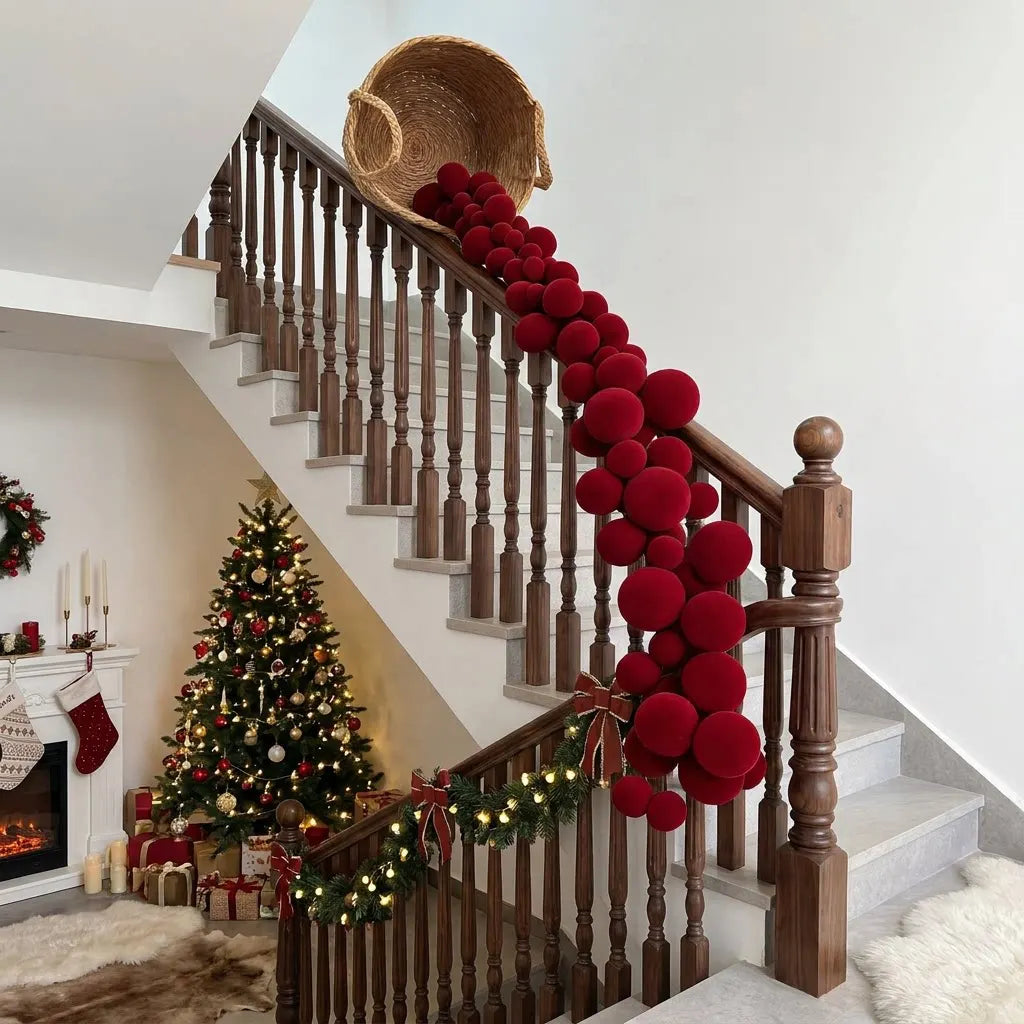 4.9ft Christmas Velvet Balls Wreath Ornaments Bamboo Baskets Hanging Decorations Fireplace Mantel Holiday Party Christmas Tree