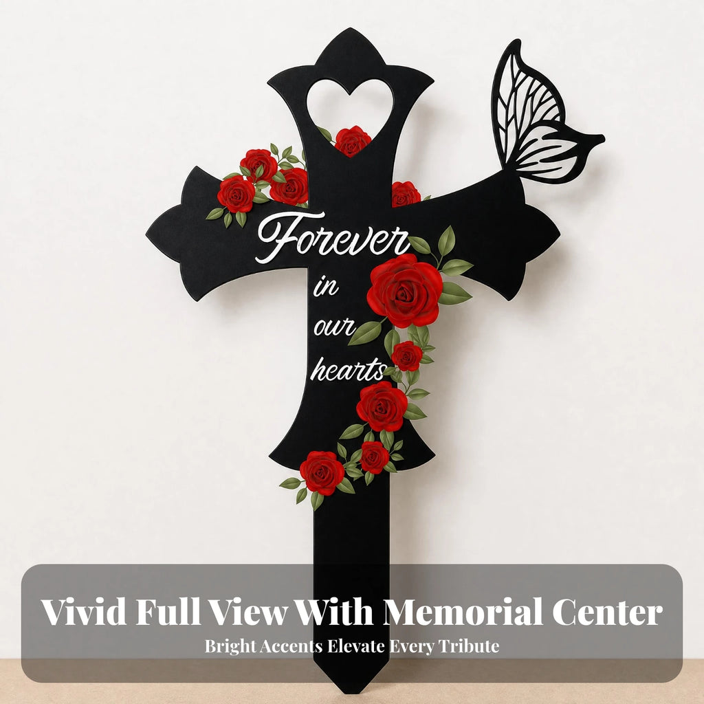 Cross Memorial Stake Outdoor Use Rose Memorial Stake Metal Grave Marker Easy Ground Insert Sympathy Gift for Courtyard