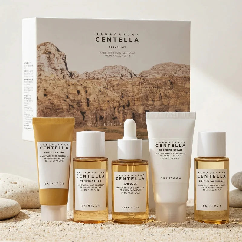 Korean Centella Travel Kit, Toner,Ampoule,Soothing Cream,Cleansing Oil,Ampoule Foam,Basic Daily Skincare Mini 5pcs Gift Sets