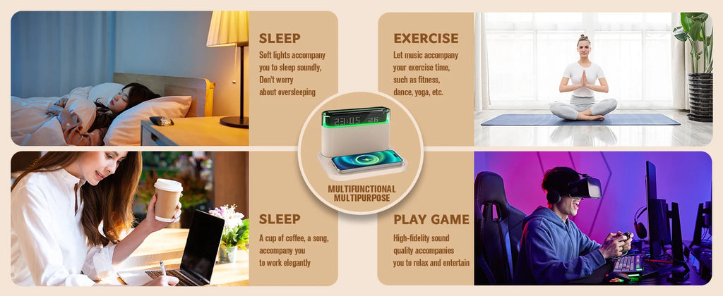 6-in-1 Bluetooth Alarm Clock – Wireless Charger, Speaker Night Light (3 Colors) for IPhone, Apple Watch, AirPods  iphone charger
