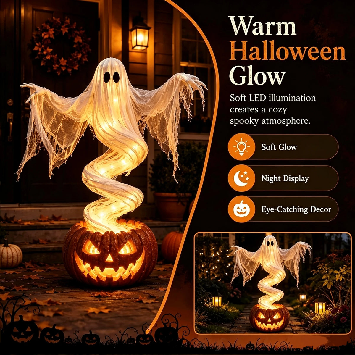 Swirling Ghost Pumpkin Yard Lamp, Lighted Spooky Ghost Ghost Pumpkin Decor