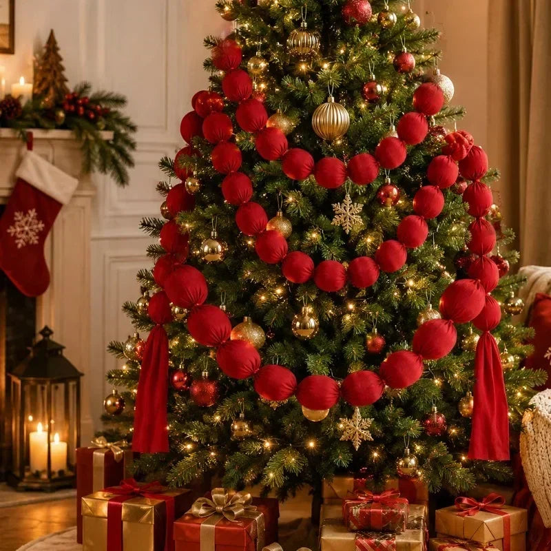 Christmas Hanging Ball Garland Red Cloth Ball String DIY Xmas Tree Window Hanging Decor Smooth Soft Fabric Balls Party Supply