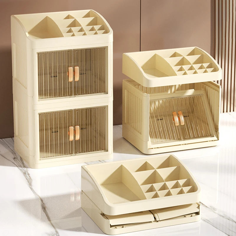 3 to 4-Tier Foldable Makeup Organizer with Drawer Function— Storage