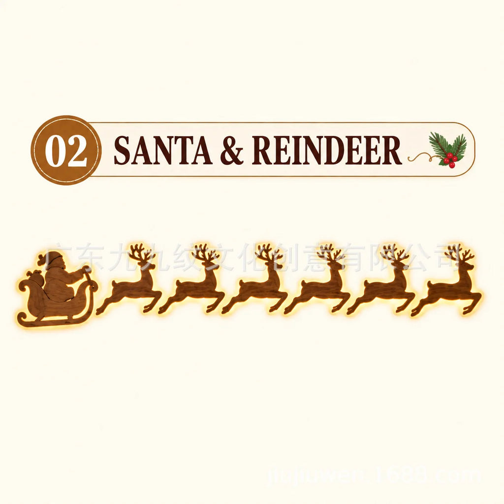 Lighted Santa Sleigh Reindeer Christmas Wall Decor Remote Set,Warm white glow, wooden cutout design, flexible layout