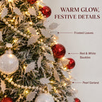 Flocked PVC Christmas Tree 1.5/1.8/2.1M Pre‑Attached Baubles, Foldable Xmas Tree with USB String Lights for Home Holiday Decor
