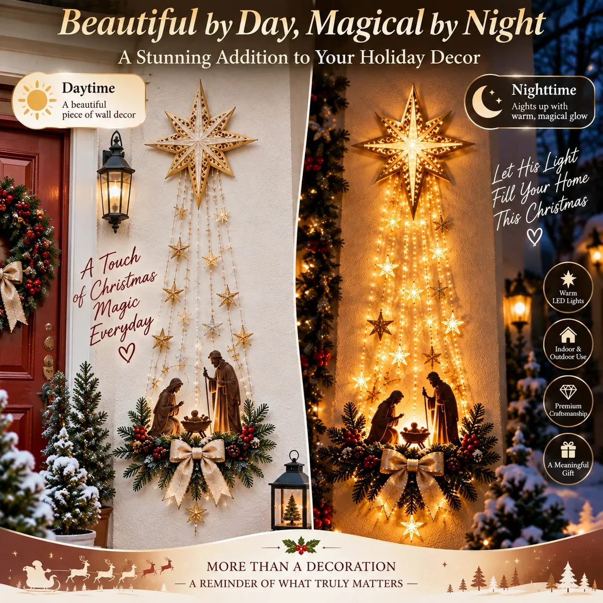 Christmas，Bethlehem Star of Faith, Lighted Nativity Wall Decor,Glowing Christmas Hanging Ornament, LED Lights for Indoor