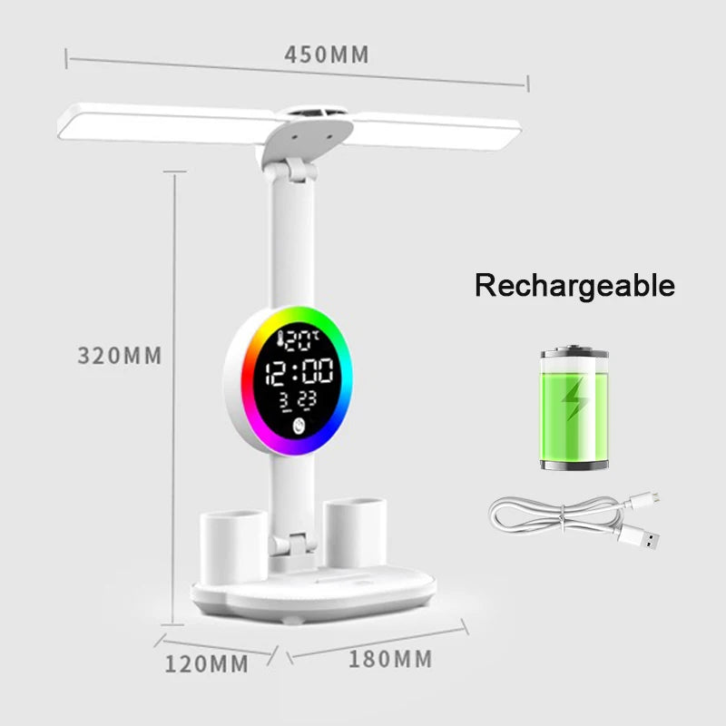 Rechargeable LED Desk Lamp with Fan & Clock