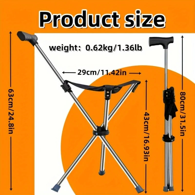 2-in-1 Folding Cane and Chair Foldable Travel Cane, Suitable for Hiking, Camping, Outdoor Activities