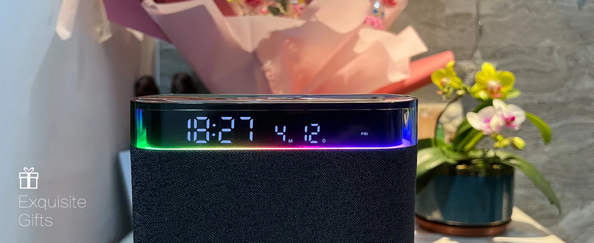 6-in-1 Bluetooth Alarm Clock – Wireless Charger, Speaker Night Light (3 Colors) for IPhone, Apple Watch, AirPods  iphone charger