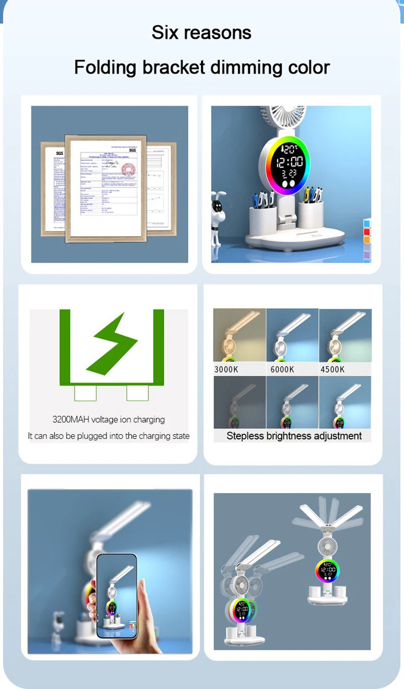 Rechargeable Led Table Lamp for Study Desk Lamp Reading Light Led Night Light with Fan Led Clock Dispaly Reading Desk Light