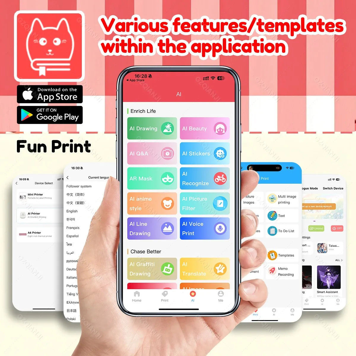 AI Voice Smart Thermal Printer! 58mm Mini Portable Bluetooth Photo Sticker Picture Print Device Fun Print with White Color Paper