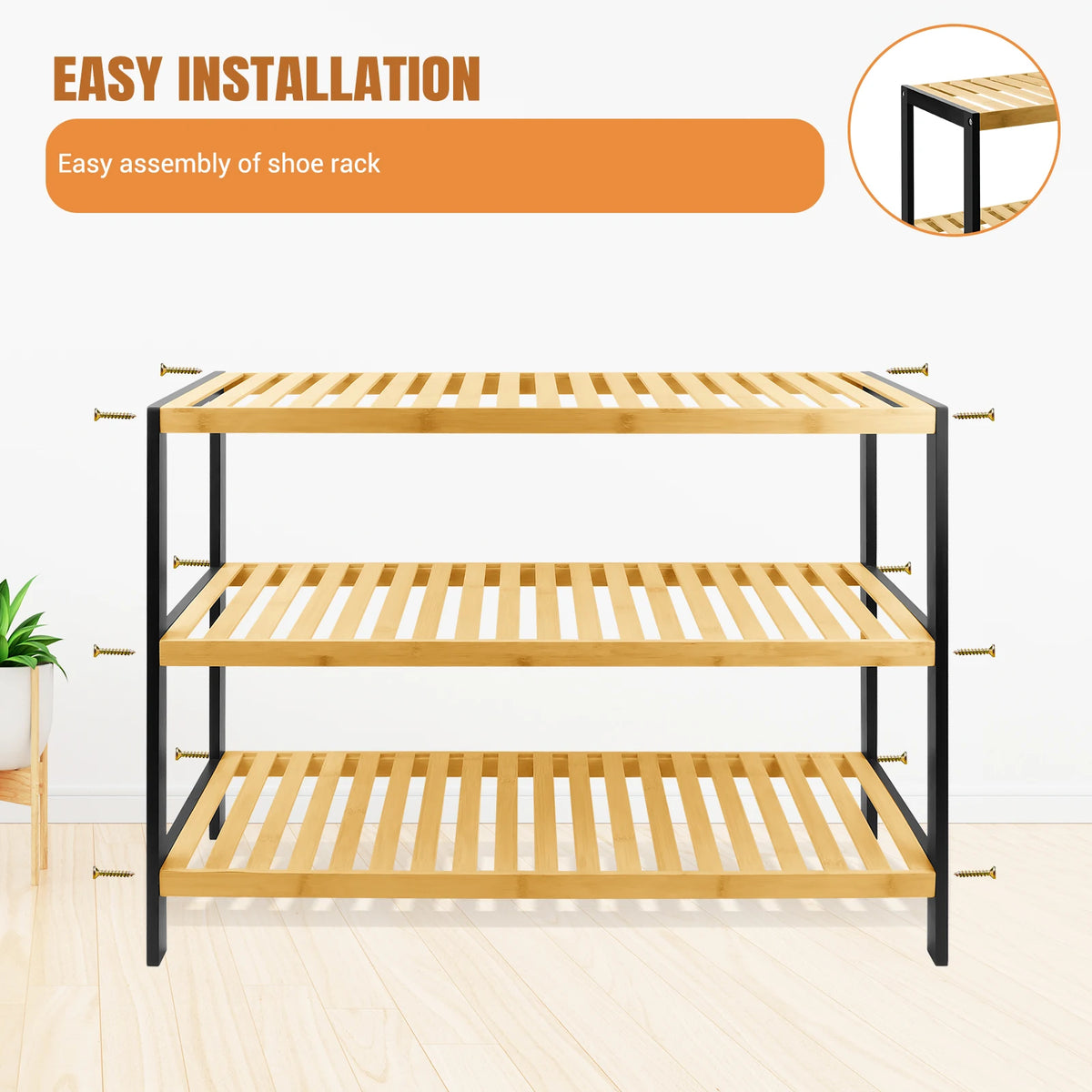 3 Tier Bamboo Shoe Rack ,Black/Natural