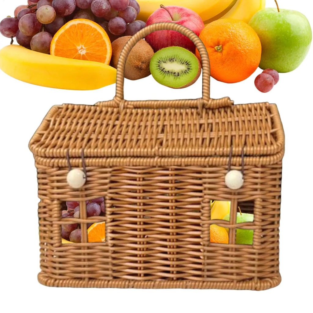 Imitation Rattan House Shaped Basket With Lid Handle Decorative Hand Woven Shelf Portable  Organizer Home Decor Storage Baskets